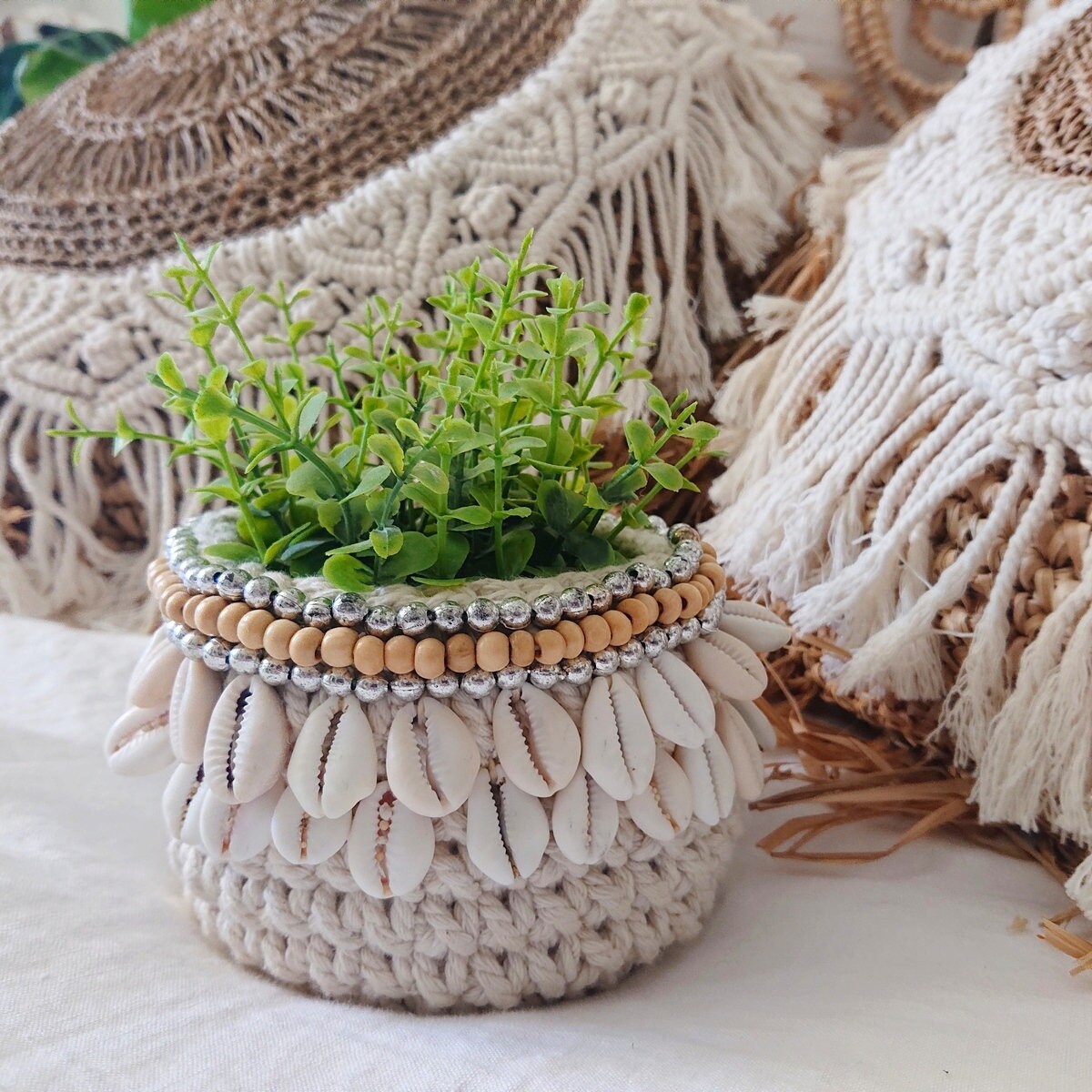 Panier Lenny en Crochet, Blanc et Beige