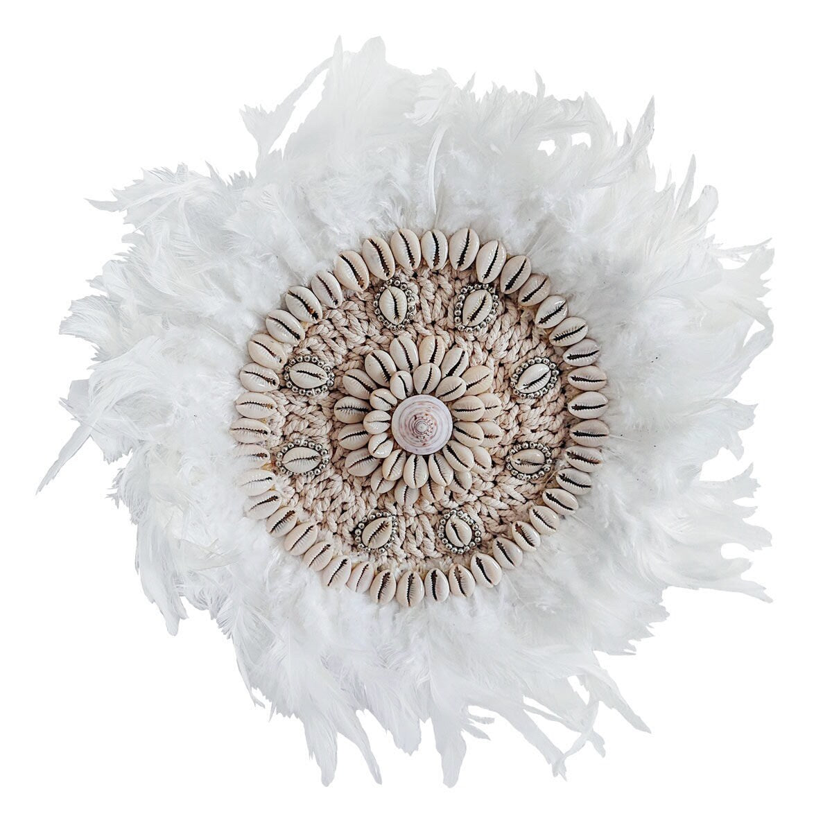 Decoración de Pared con Plumas Blancas y Caracoles Caurí