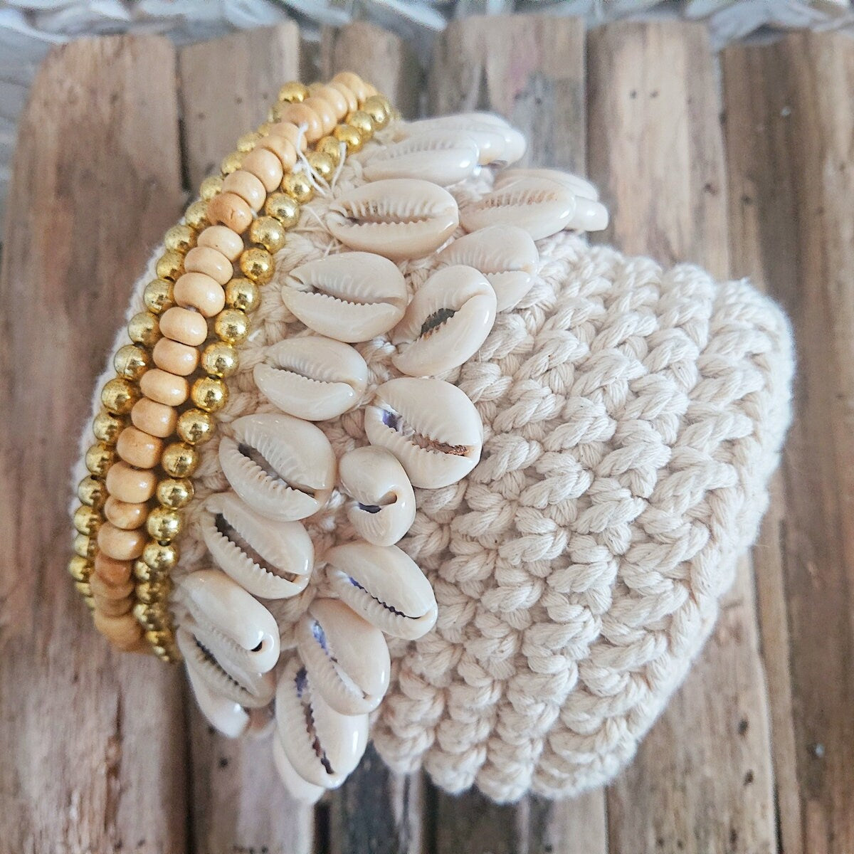 Panier Lenny en Crochet, Blanc et Beige