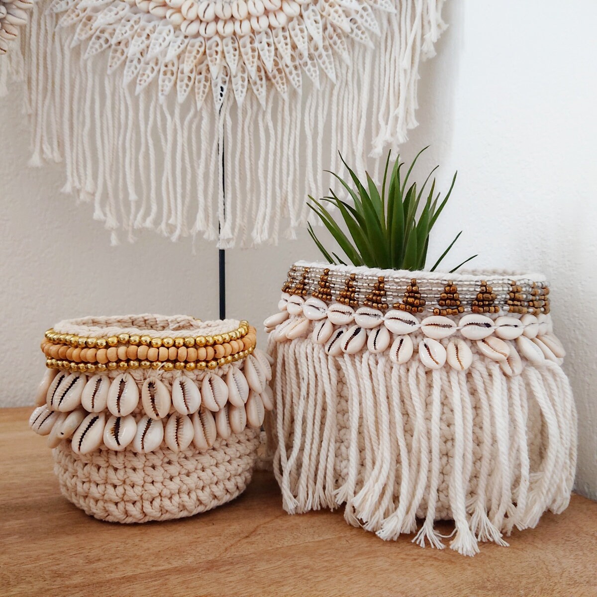 Panier Lenny en Crochet, Blanc et Beige