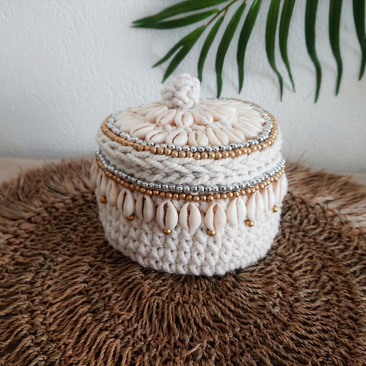 Panier en Crochet Cara, Blanc/Beige
