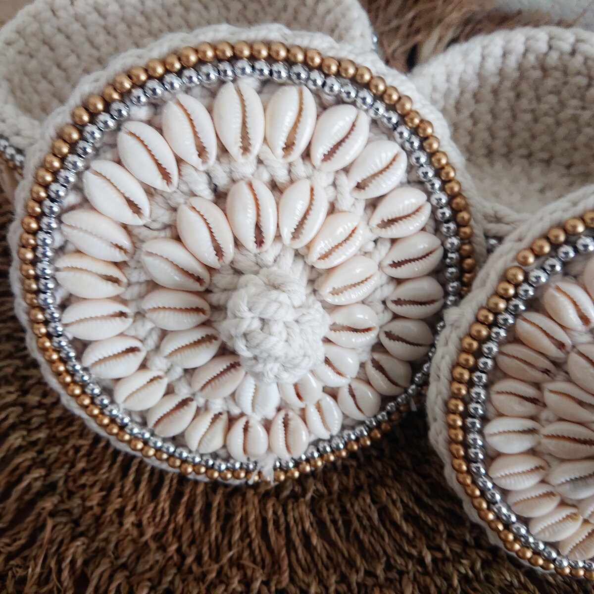 Panier en Crochet Cara, Blanc/Beige