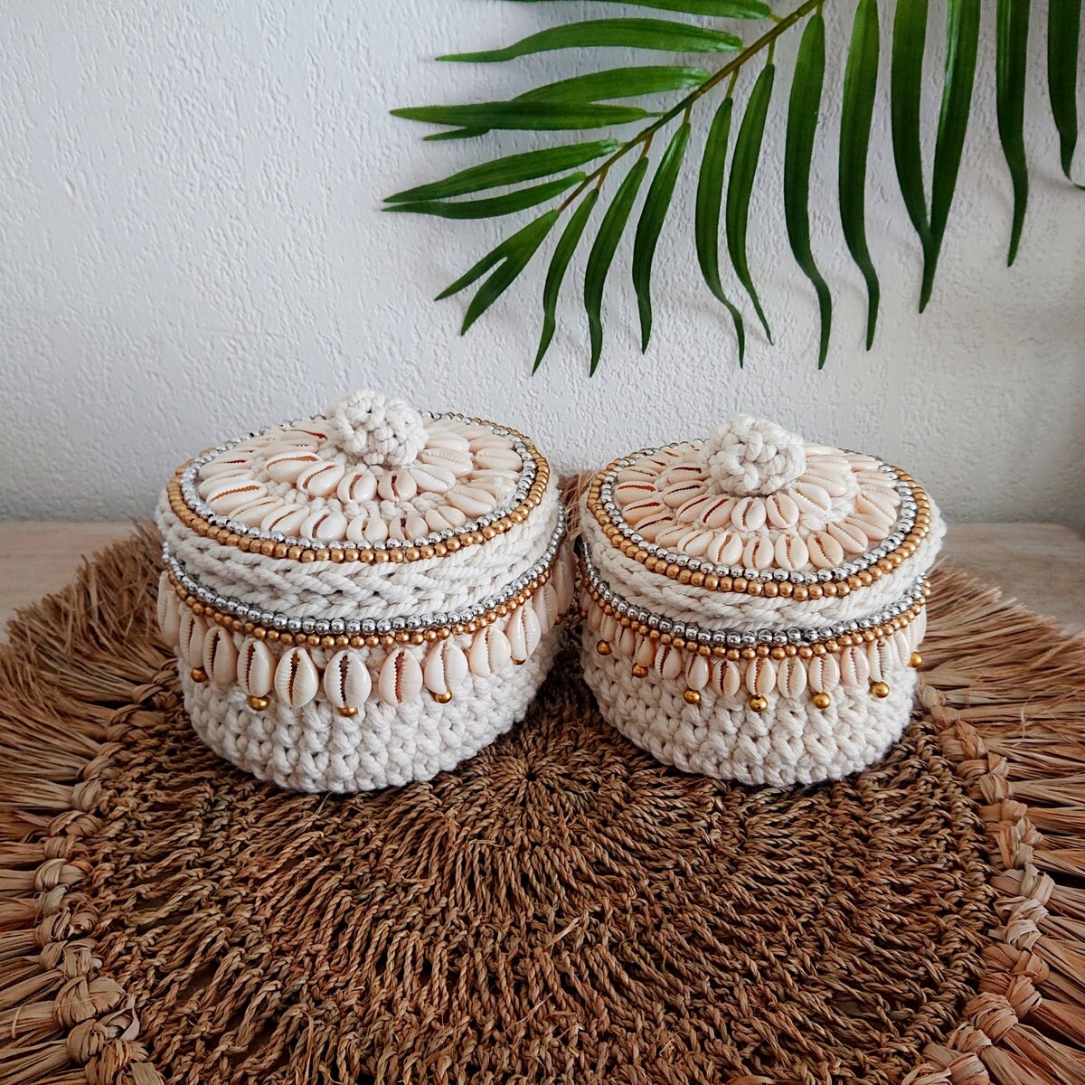 Panier en Crochet Cara, Blanc/Beige