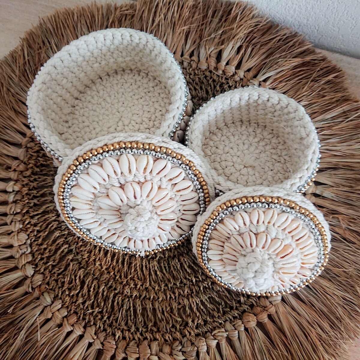Panier en Crochet Cara, Blanc/Beige