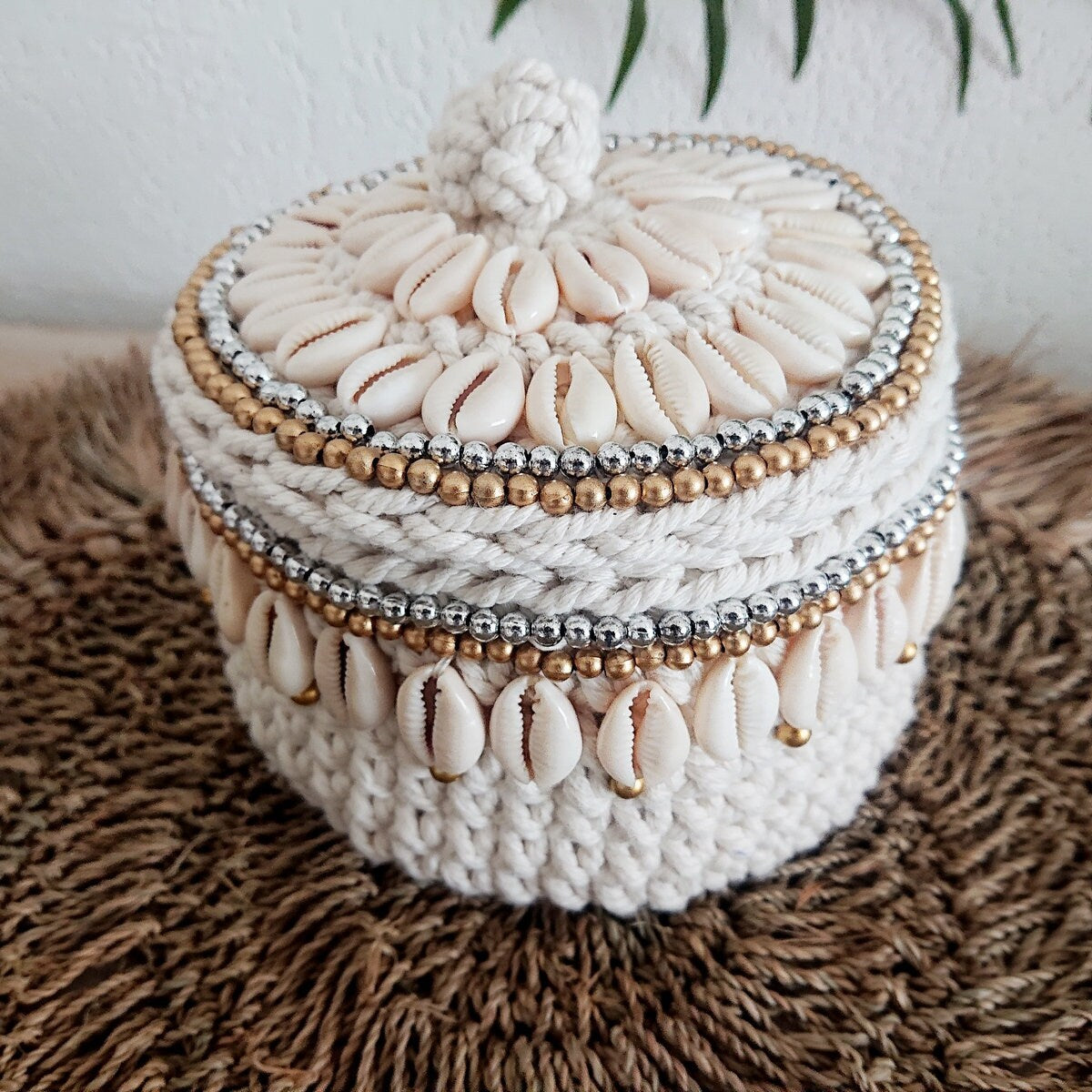 Panier en Crochet Cara, Blanc/Beige