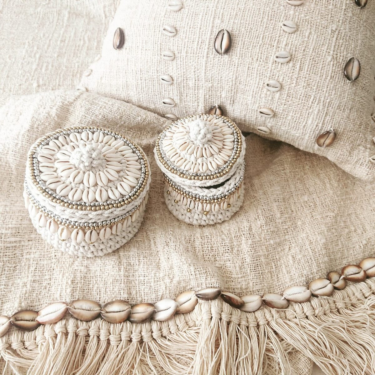 Panier en Crochet Cara, Blanc/Beige