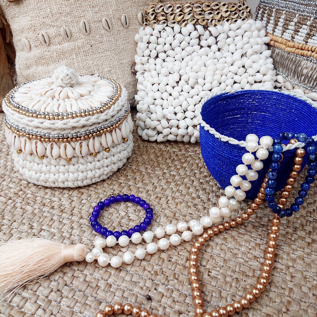 Panier en Crochet Cara, Blanc/Beige