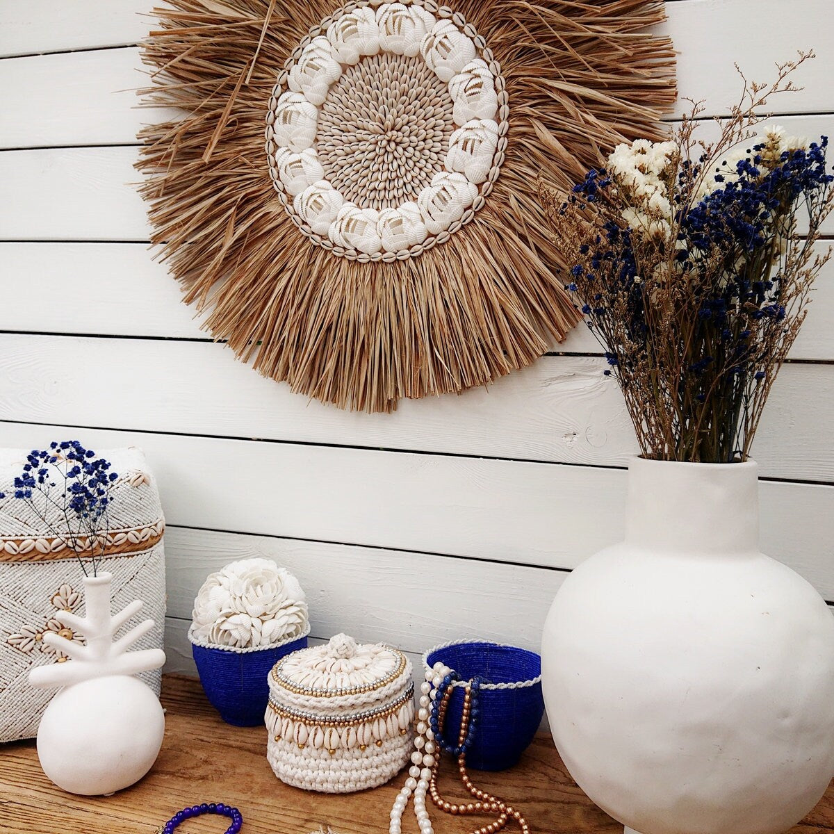 Panier en Crochet Cara, Blanc/Beige
