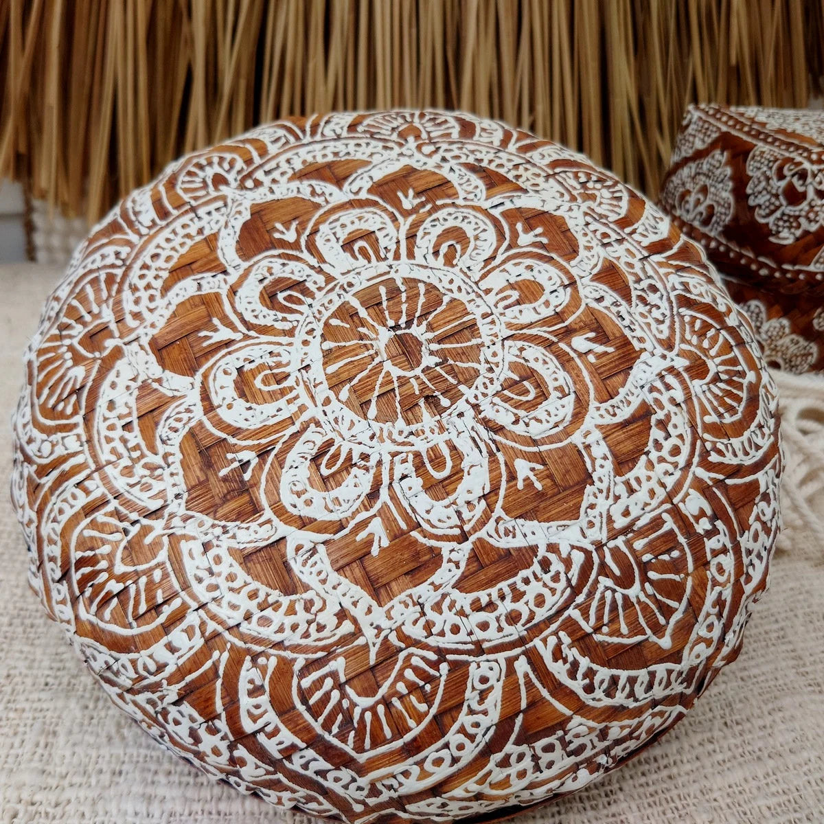 Scatola rotonda in bambù, design mandala 🌿