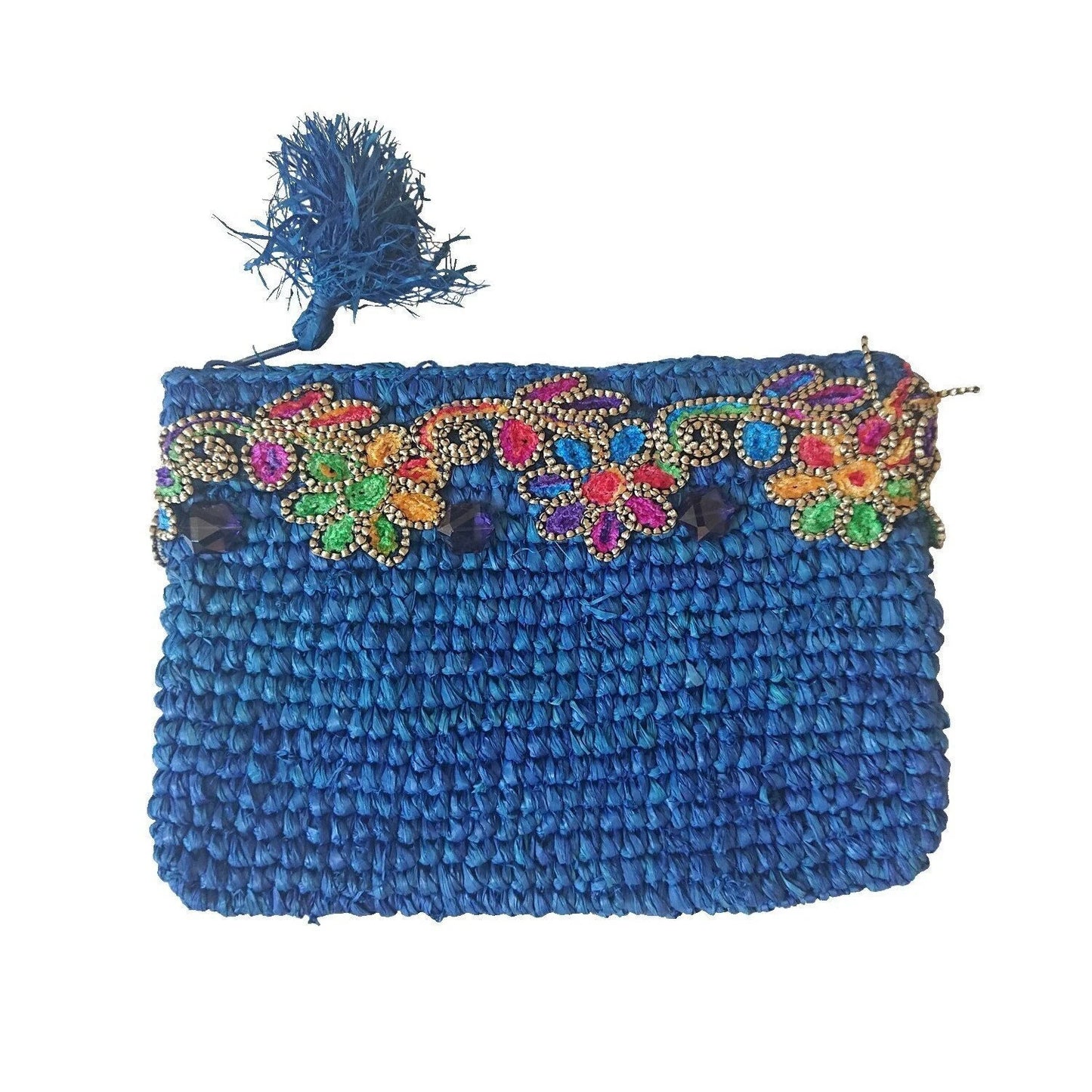 Borsa in rafia blu con treccia multicolore – Collezione Bona