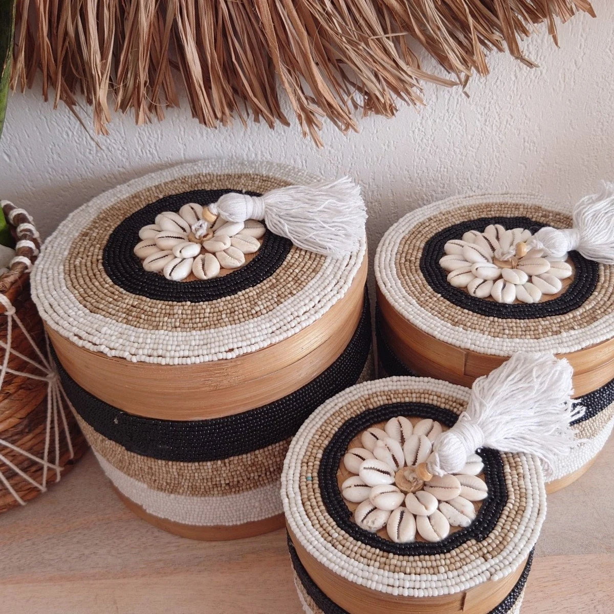 Scatole rotonde per perle e conchiglie Indy, beige/nero 🌿🐚