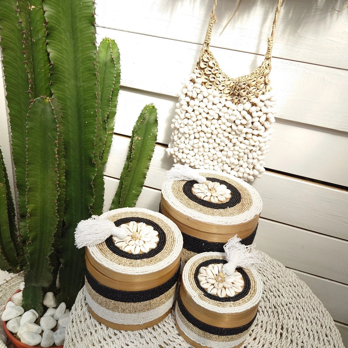 Scatole rotonde per perle e conchiglie Indy, beige/nero 🌿🐚
