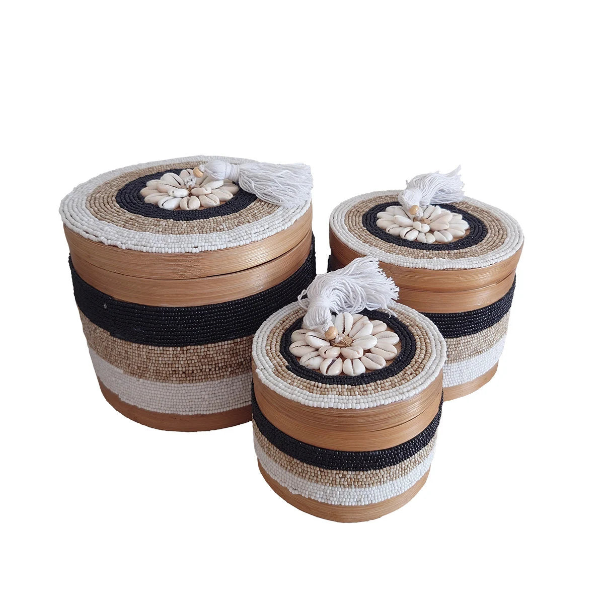 Scatole rotonde per perle e conchiglie Indy, beige/nero 🌿🐚