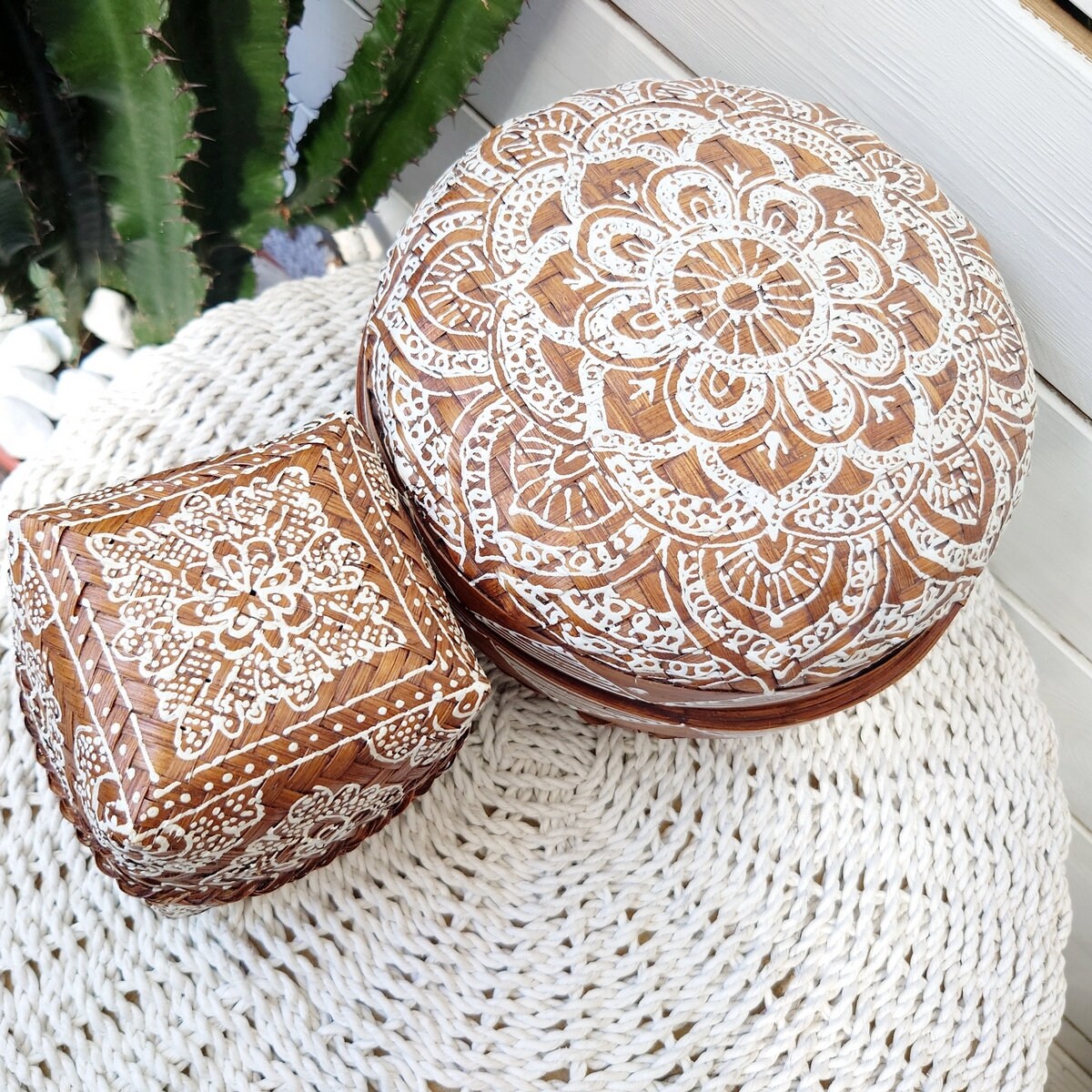 Scatola rotonda in bambù, design mandala 🌿