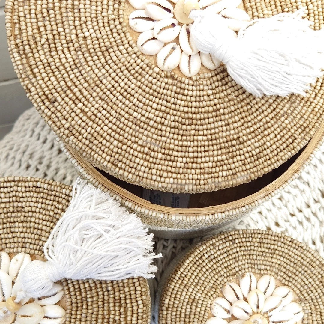 Scatole rotonde per perle e conchiglie Indy, beige/bianco 🌿🐚