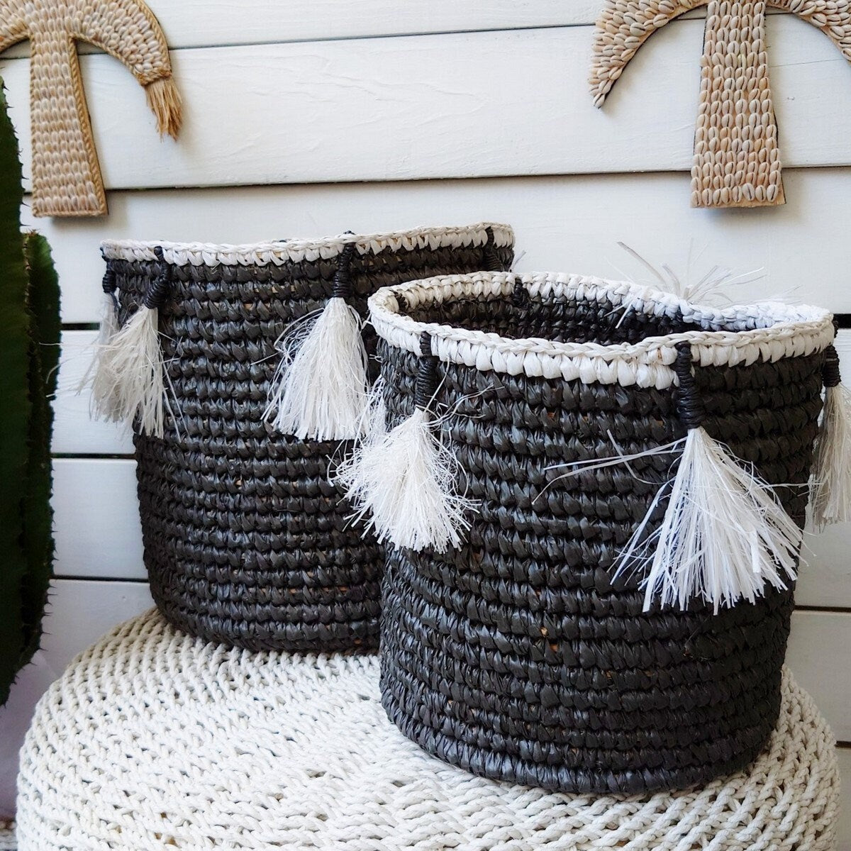 Paniers Lenny Grisen raphia à Pompons