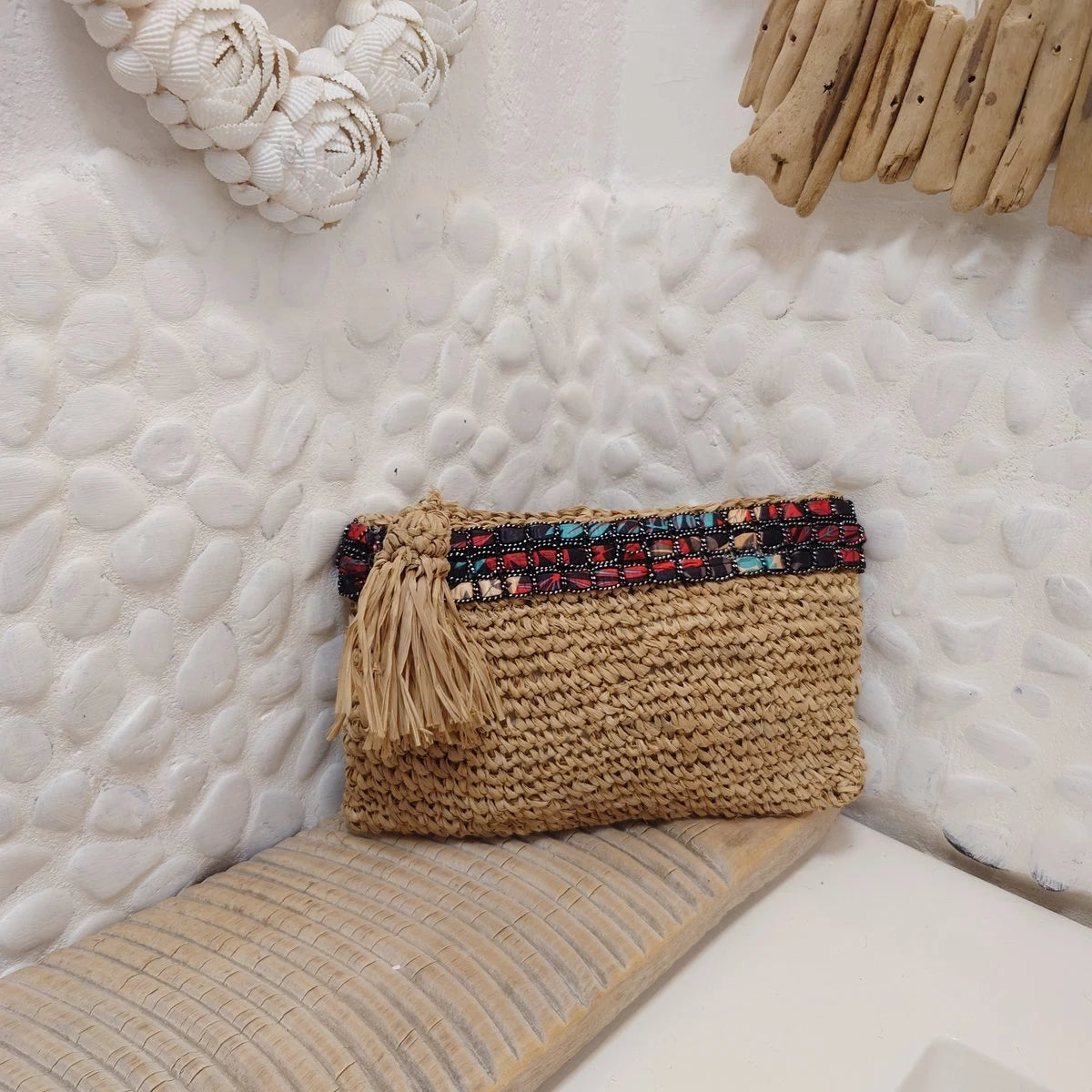 Petite pochette en Raphia Beige avec Galon – Collection Bona