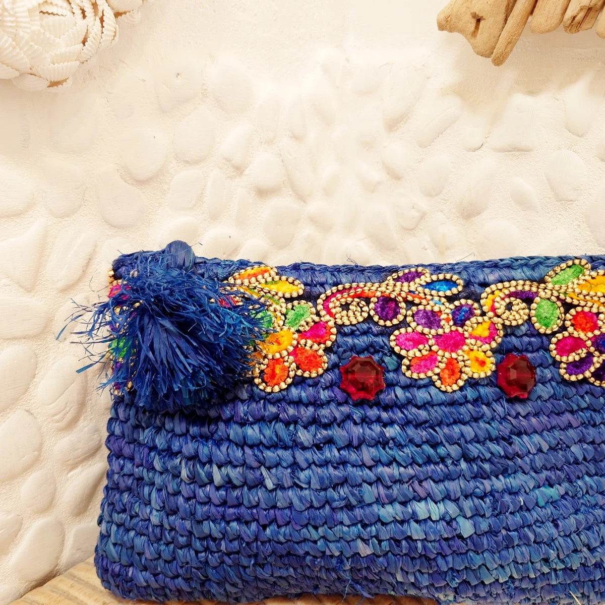 Borsa in rafia blu con treccia multicolore – Collezione Bona