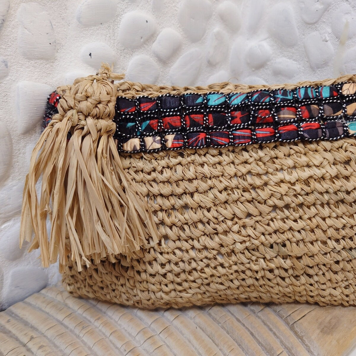 Petite pochette en Raphia Beige avec Galon – Collection Bona