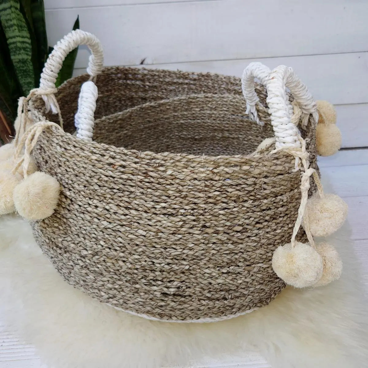 Panier rond en jonc de mer, Blanc/Beige