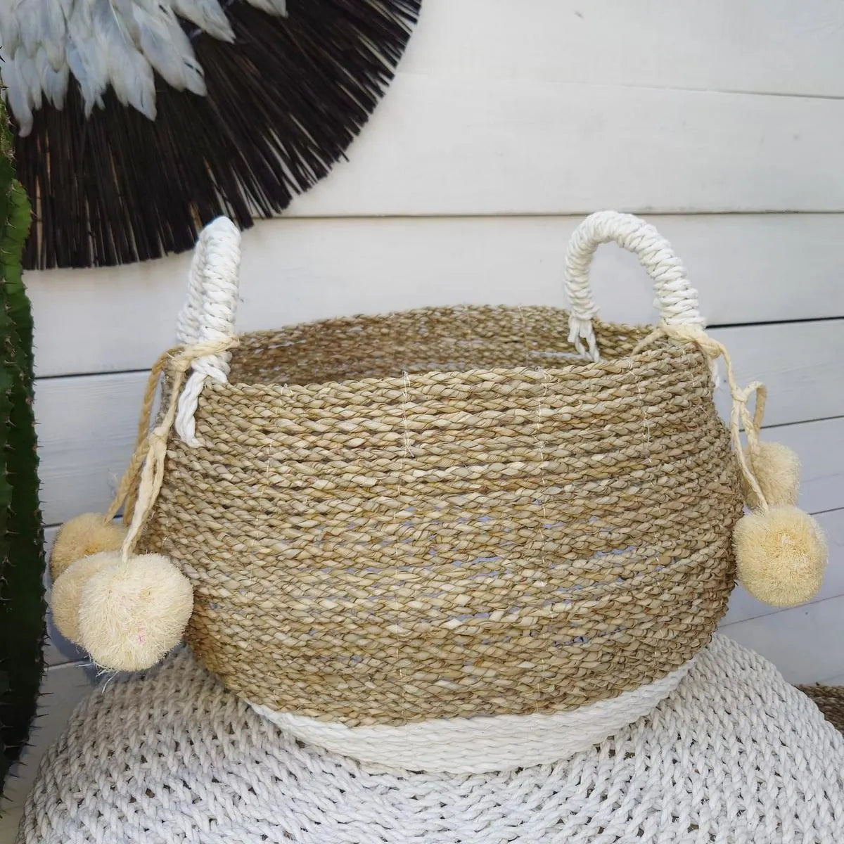 Panier rond en jonc de mer, Blanc/Beige