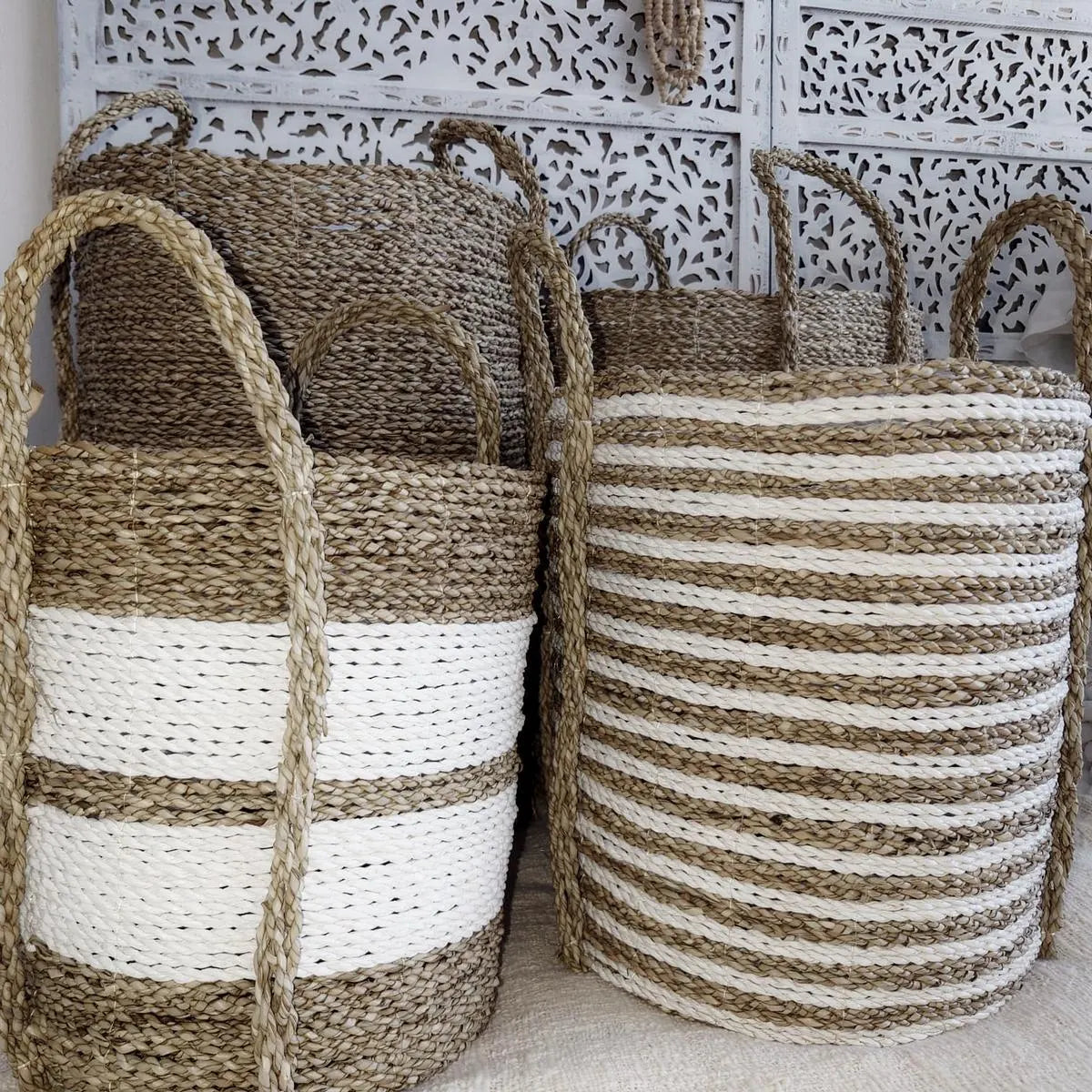 Panier en jonc de mer, Blanc/Beige