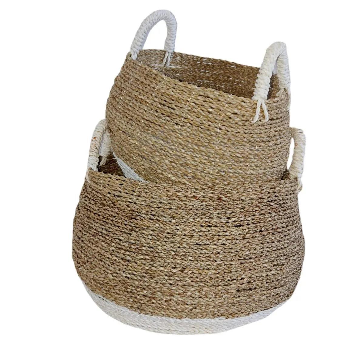 Panier rond en jonc de mer, Blanc/Beige