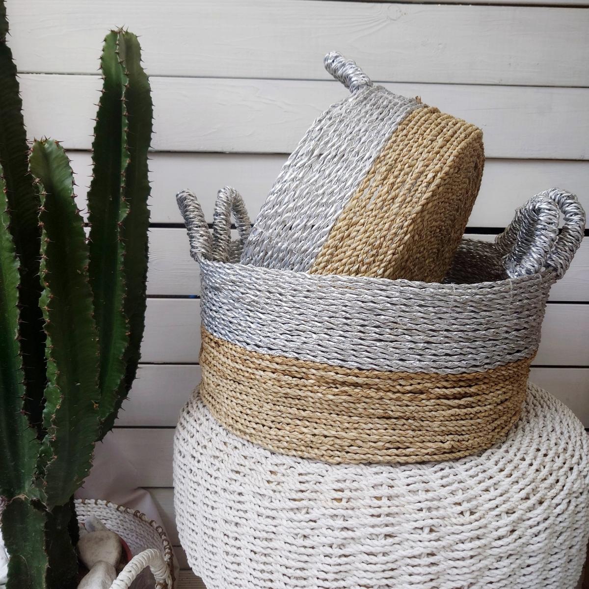 Paniers en Jonc de Mer, Beige et Argent