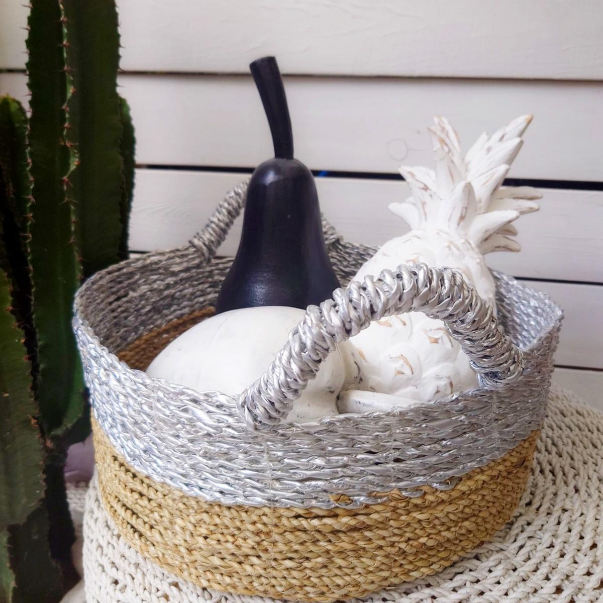 Paniers en Jonc de Mer, Beige et Argent