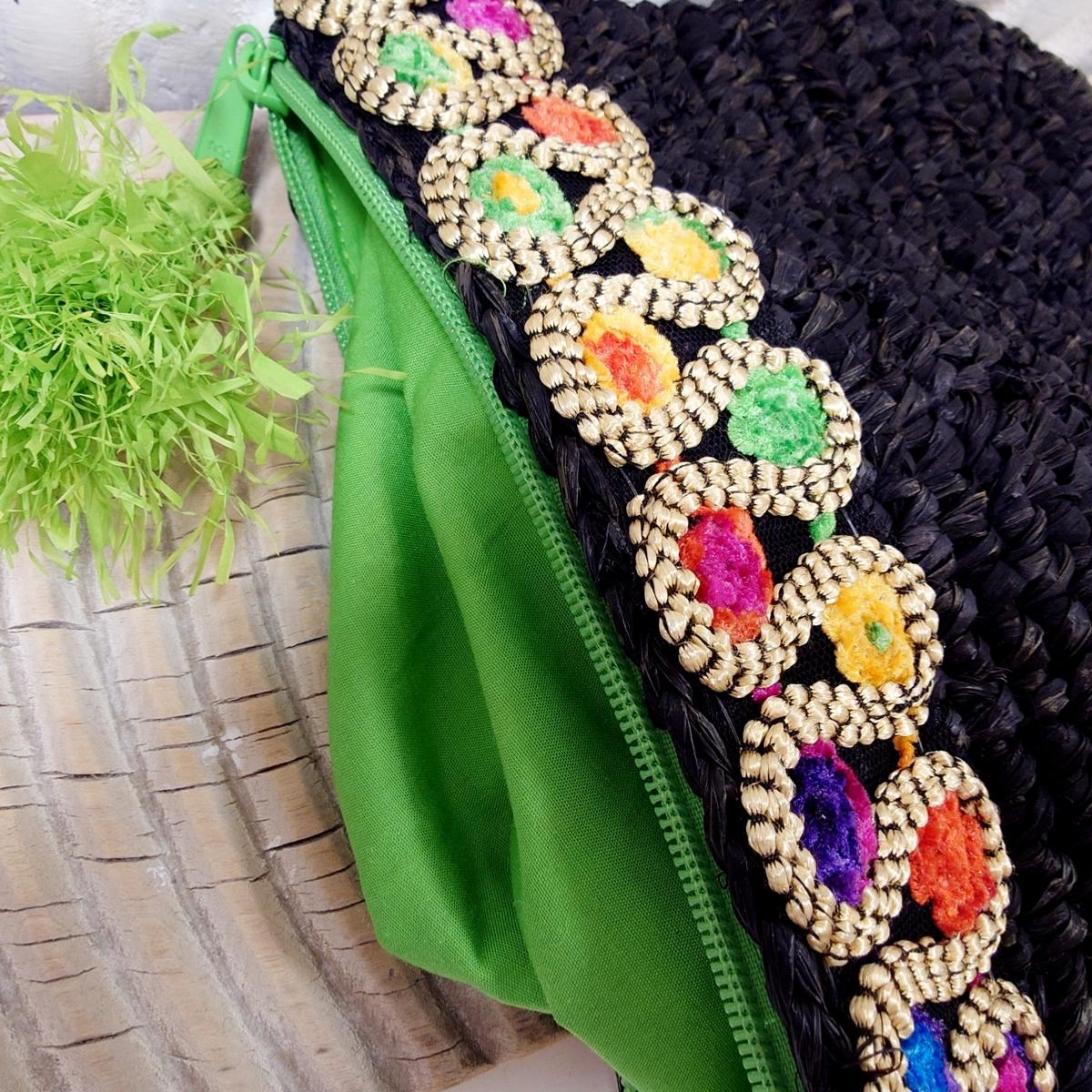 Pochette en Raphia Noir avec Galon Multicolore – Collection Bona