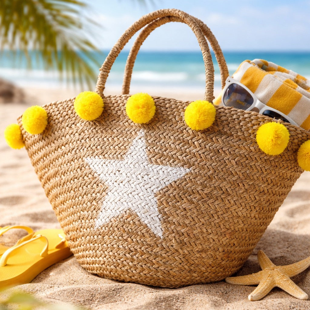 Panier de Plage à Pompons Jaunes – Collection Star