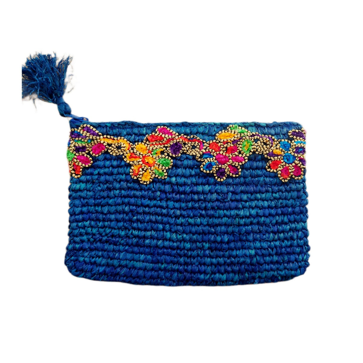 Pochette en Raphia Bleu avec Galon Multicolore – Collection Bona