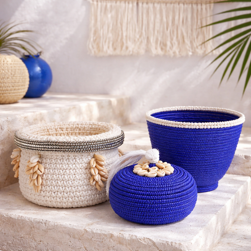 Scatola "Perla" in Bambù e Perle Blu con pompon D 11cm 🌿🐚