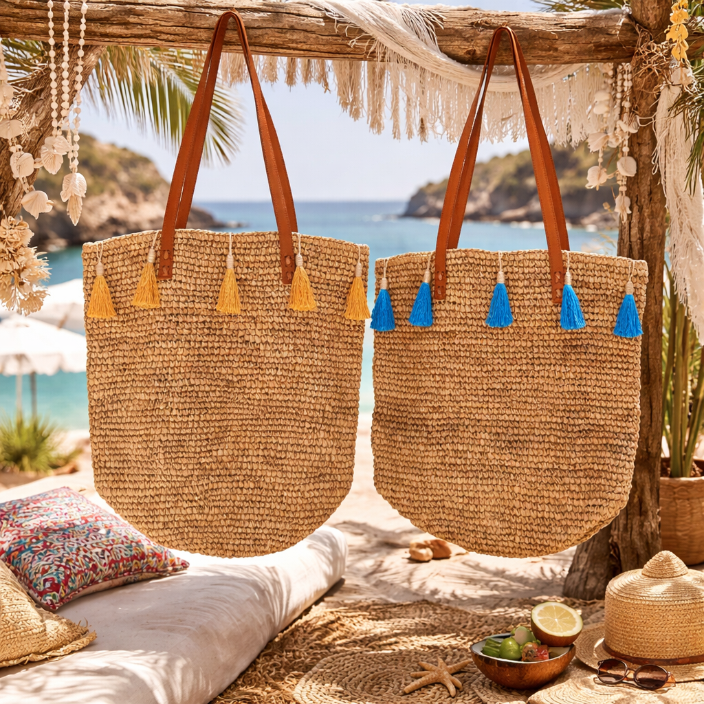 Sac Jemen en raphia à pompons bleus