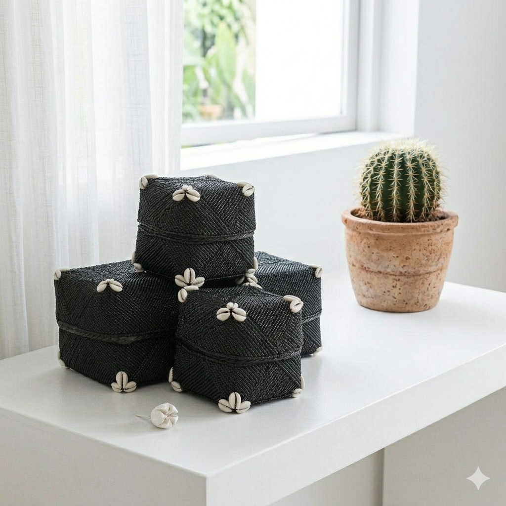 Scatola di bambù e perle di vetro nero 🌿🐚