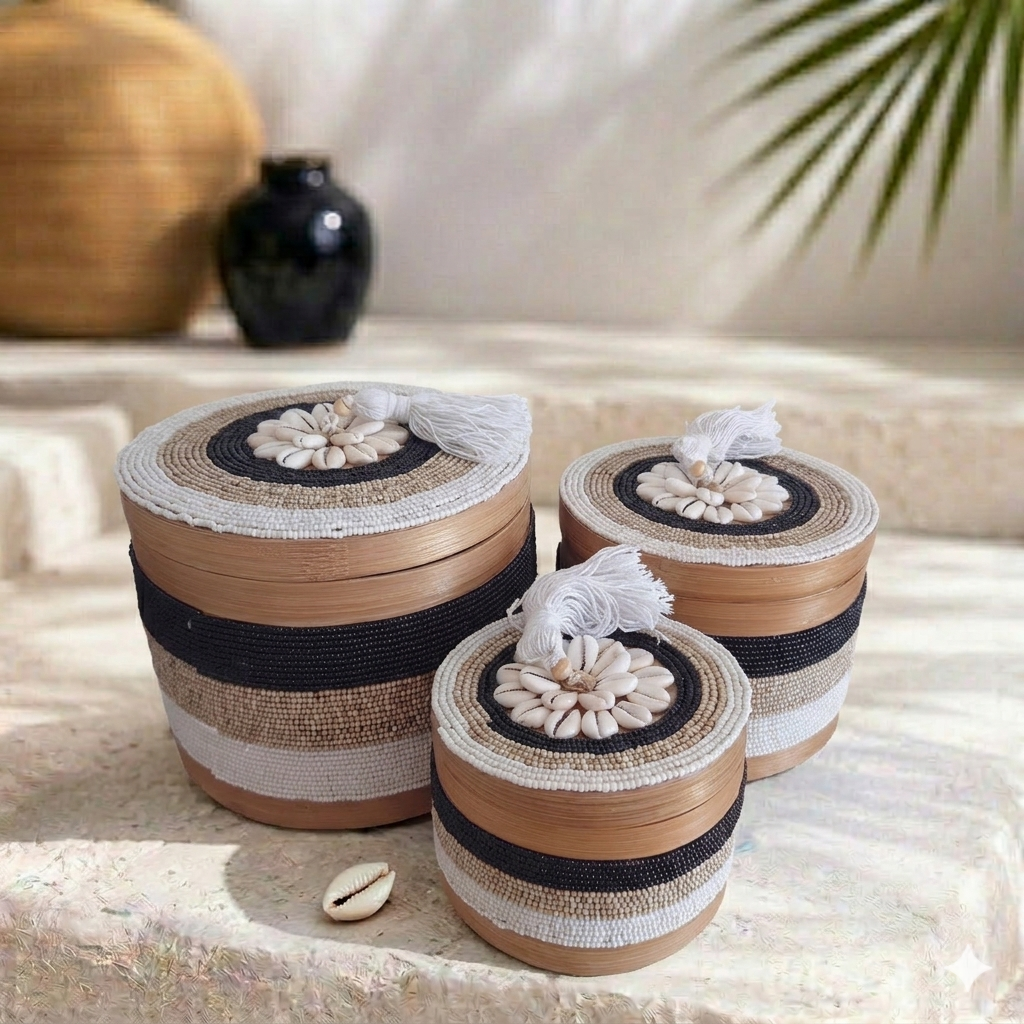 Scatole rotonde per perle e conchiglie Indy, beige/nero 🌿🐚