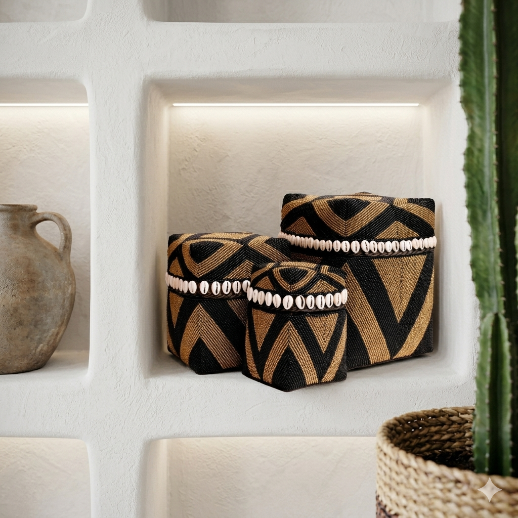 "Tutty" Box aus Bambus und Glasperlen, Schwarz/Gold 🌿