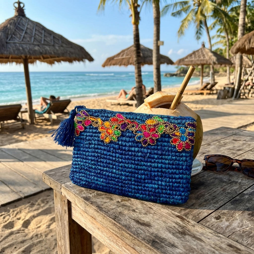 Pochette en Raphia Bleu avec Galon Multicolore – Collection Bona