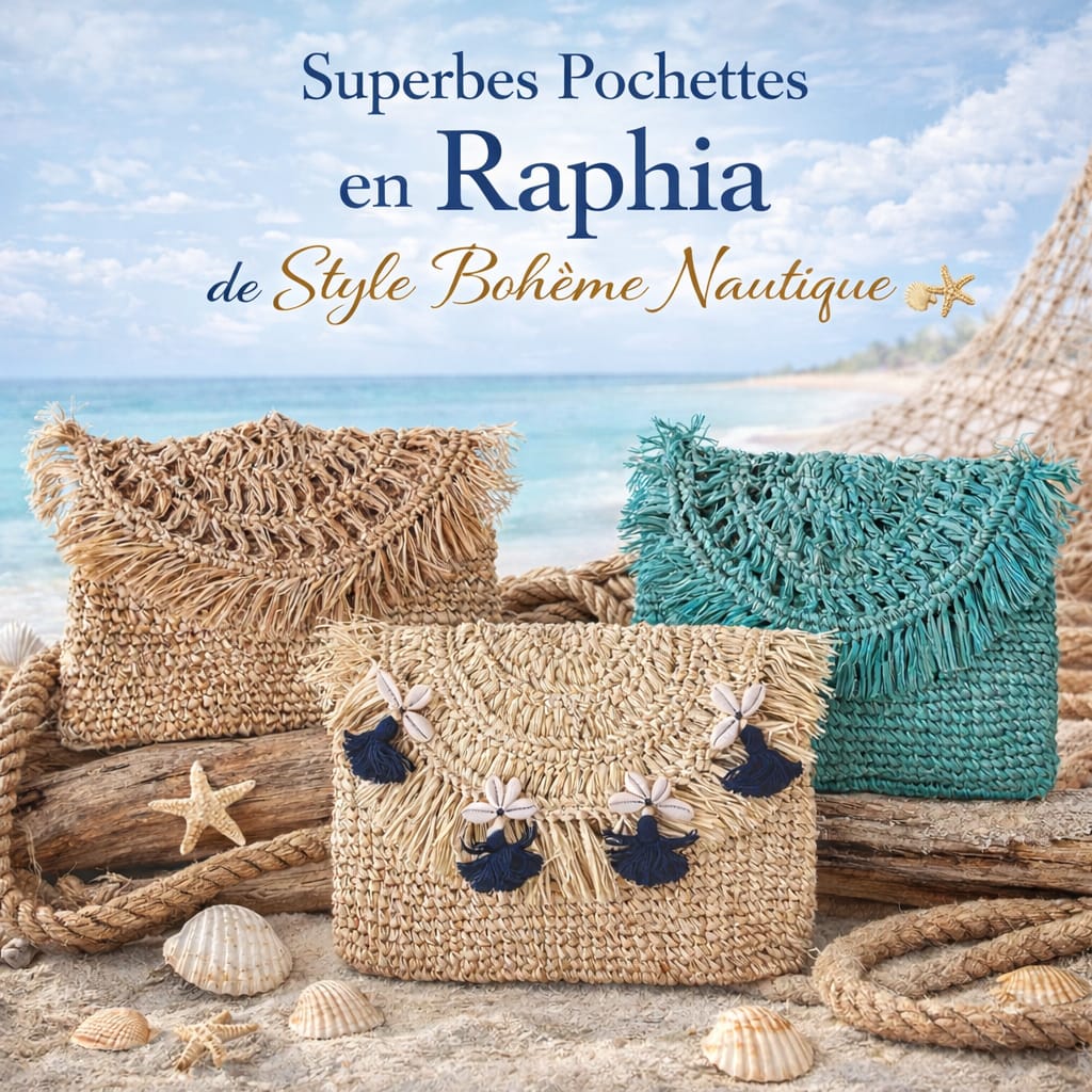 Pochette en Raphia Beige avec Pompons Noirs - Collection Bona