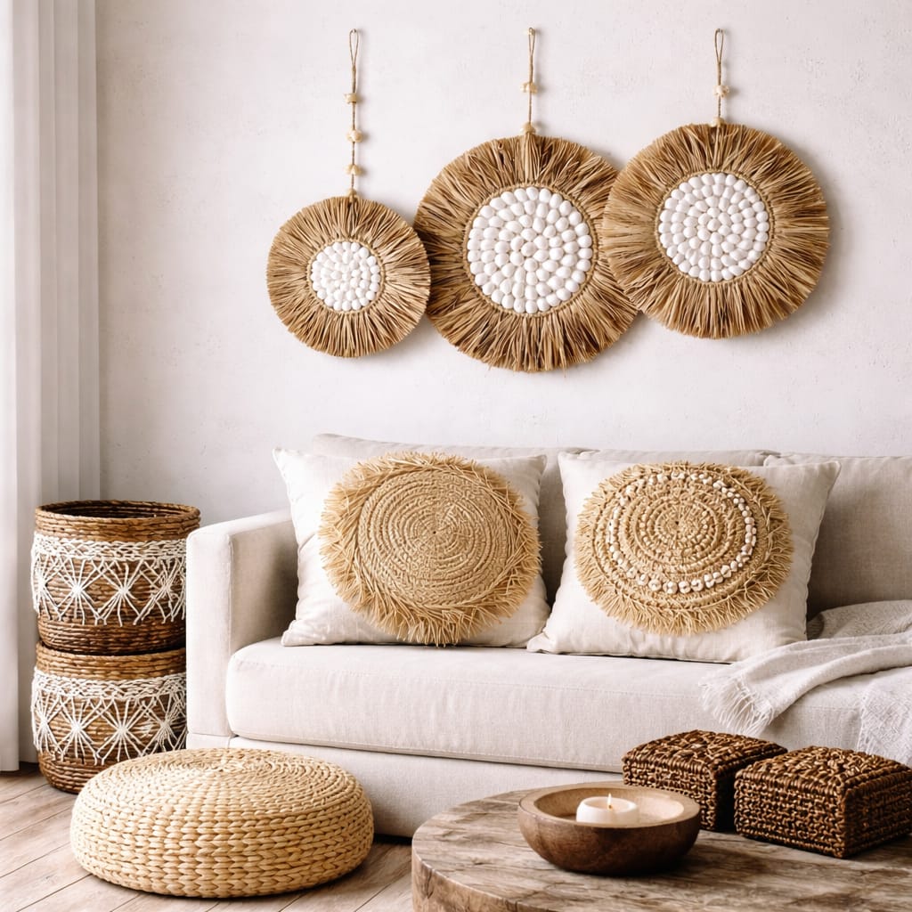 Decorazioni rotonde in rafia e conchiglie