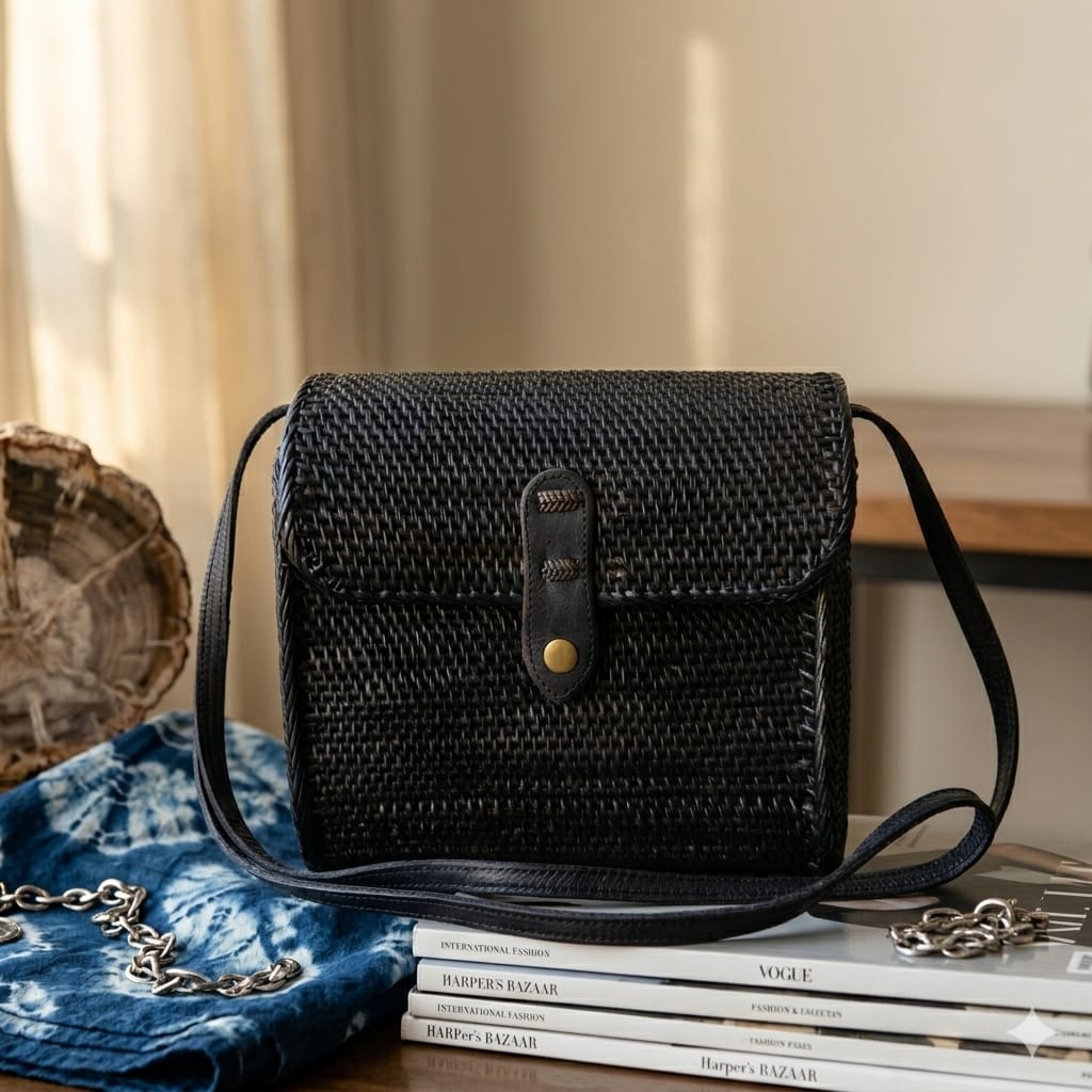 Bolso Hobo de Ratán Negro