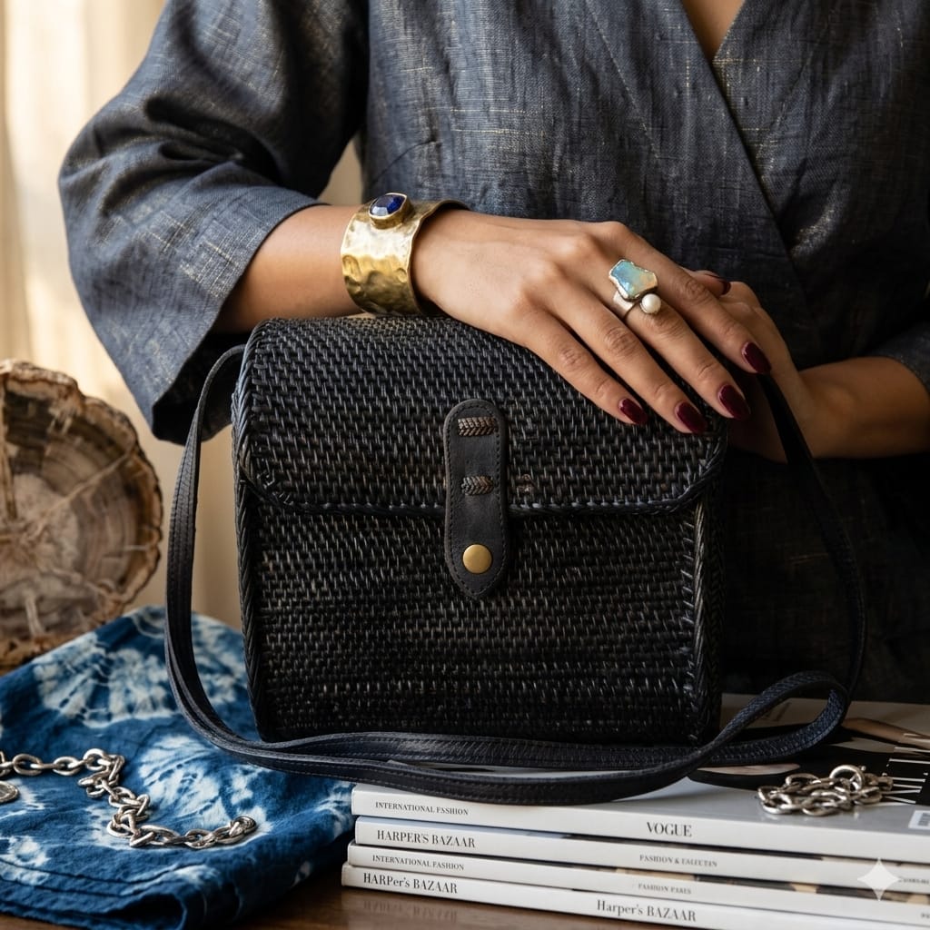 Bolso Hobo de Ratán Negro