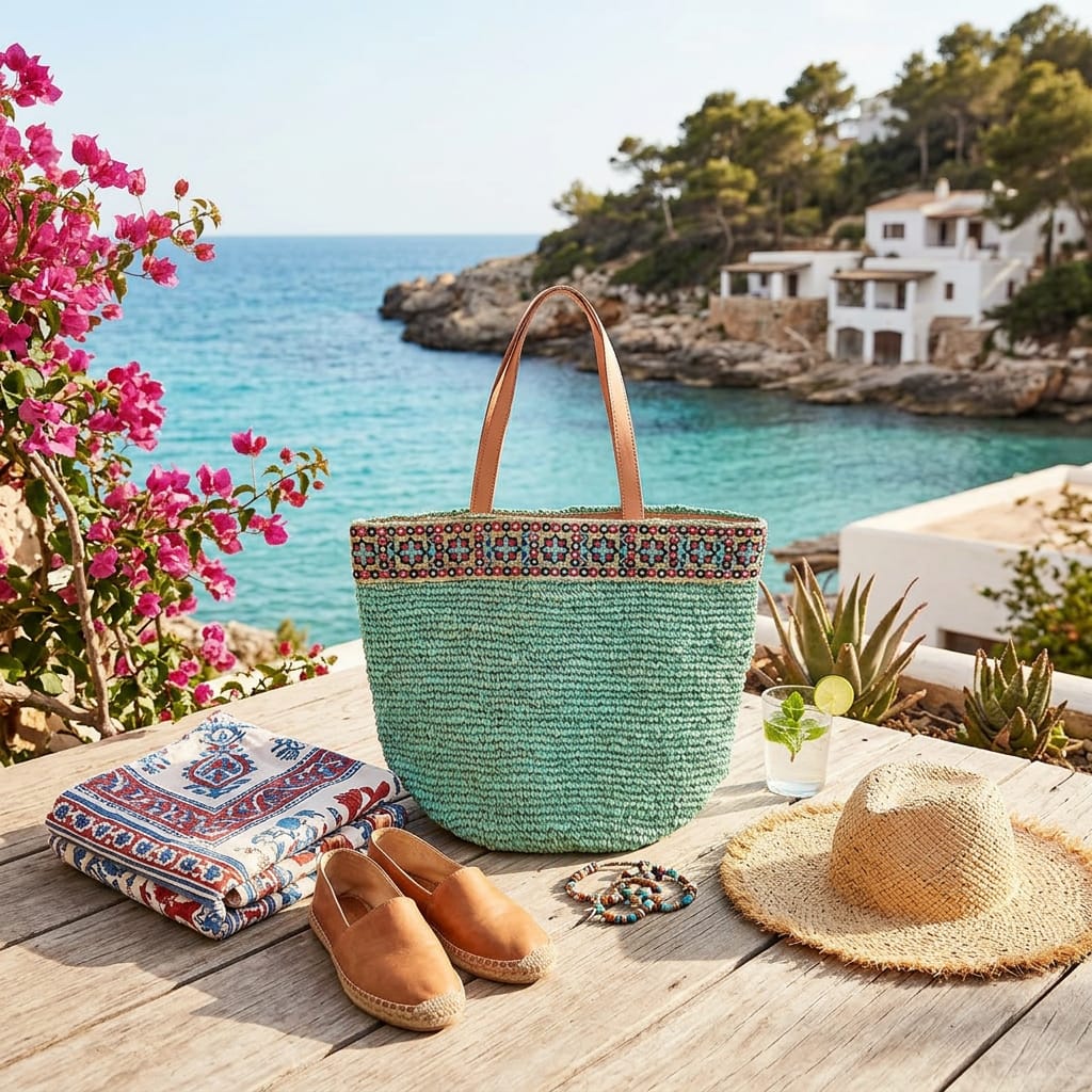 Bestickte türkisfarbene Basttasche - Franca Collection