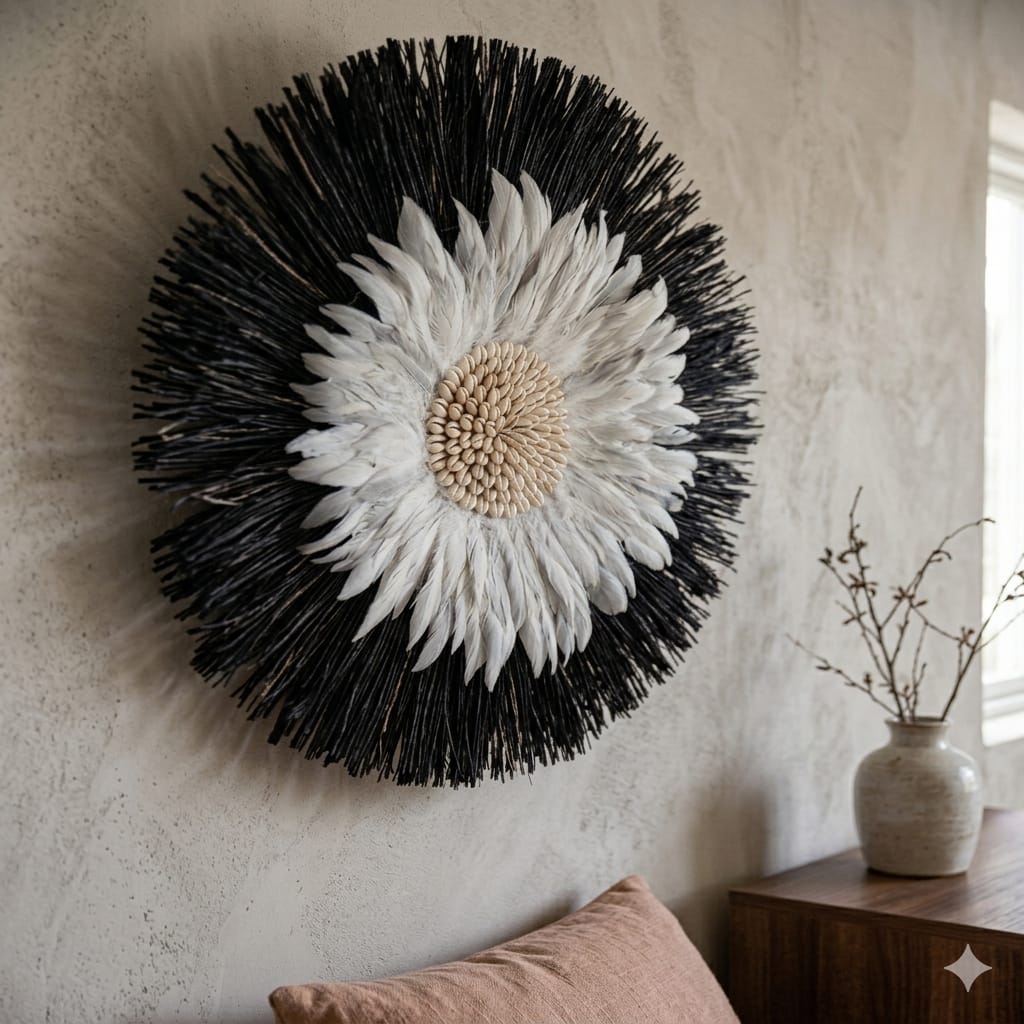 Decorazione rotonda in rafia nera, conchiglie e piume grigie, D 62 cm
