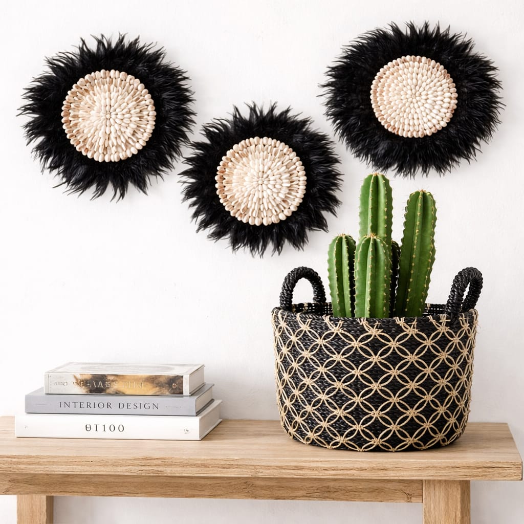 Décoration Murale en Plumes Noires et Coquillages Cauris