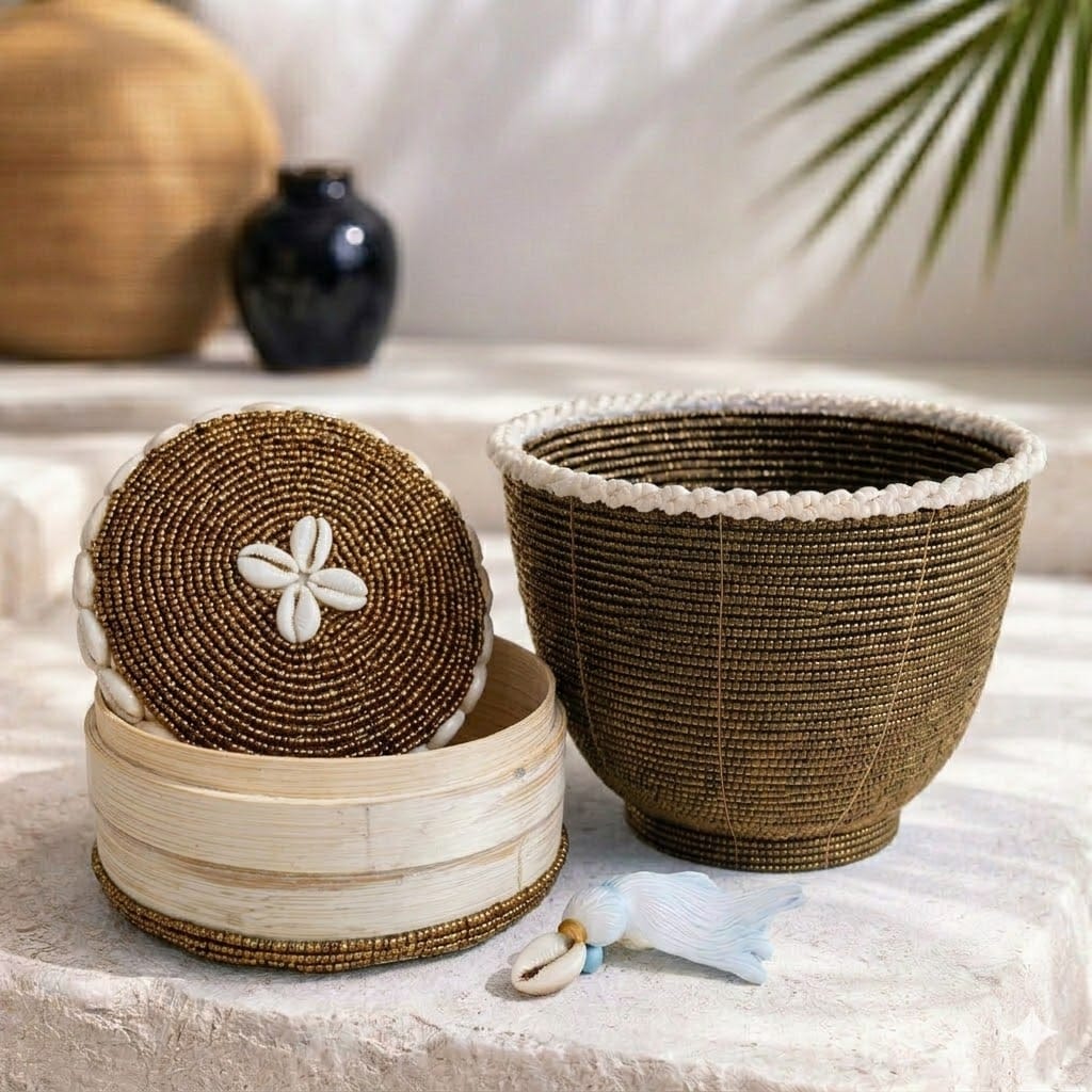 Scatola "Perla" in bambù e perle dorate D 16cm 🌿🐚