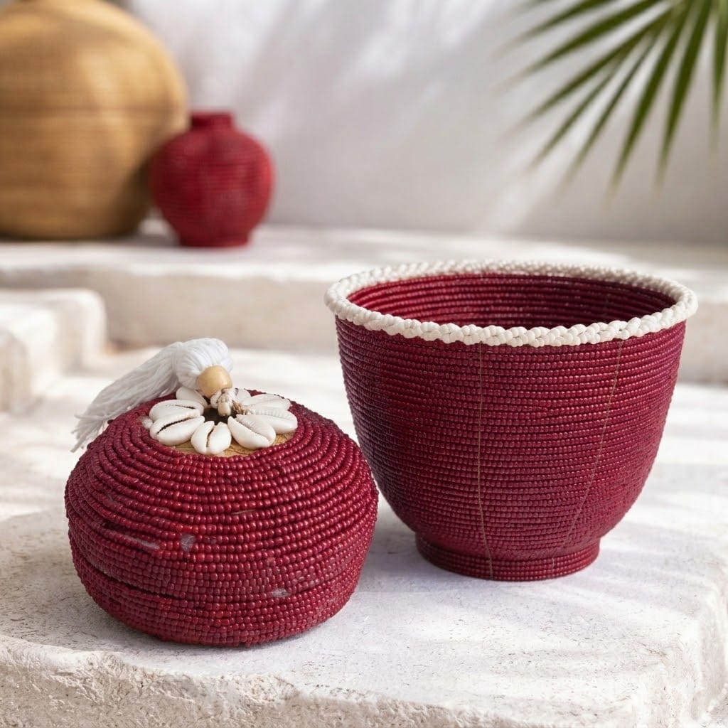 Boîte "Perla" en Bambou et Perles, Rouge avec pompon D 11cm 🌿🐚