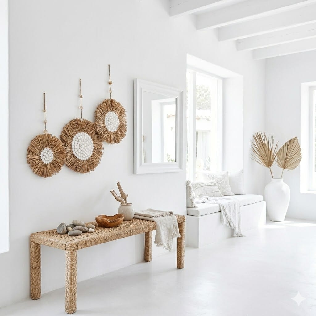 Decorazioni rotonde in rafia e conchiglie