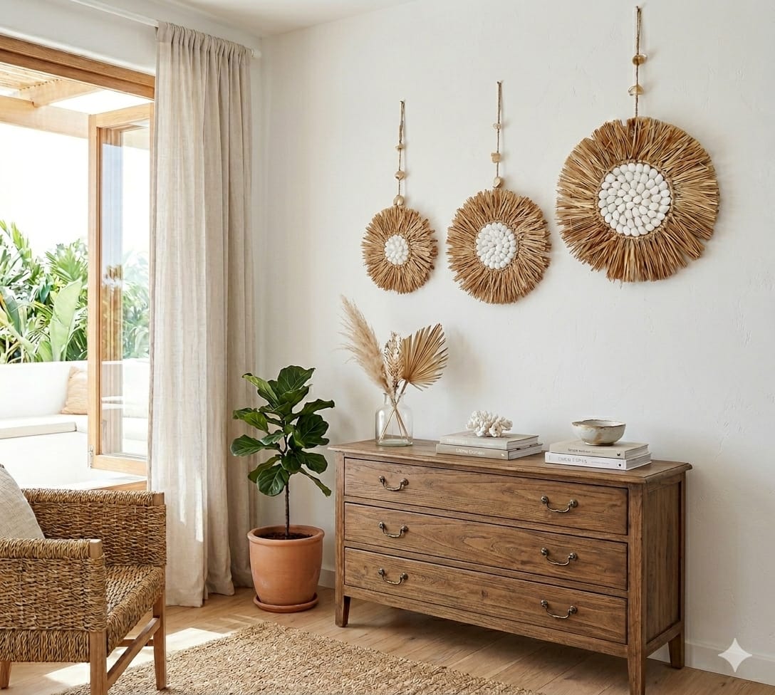 Decorazioni rotonde in rafia e conchiglie