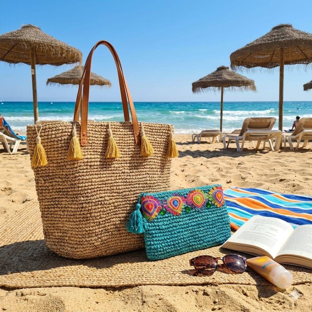 Bolso Jemen de Rafia con Pompones Dorados